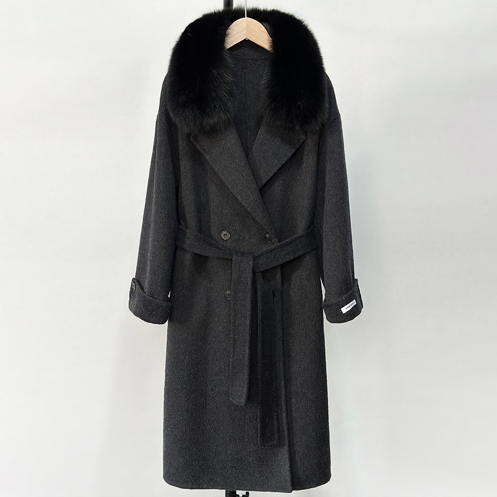 OFTBUY Winter Clothes Women Large Natural Fox Fur Jacket Long Wool Blends Cashmere Coat Belt Female Warm Woolen Streetwear