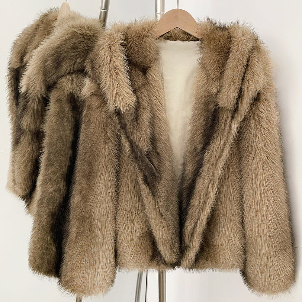 OFTBUY Luxury Hooded Faux Fur Jacket - Premium Vegan Silver Fox Style Cropped Winter Coat