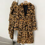 OFTBUY Luxury Leopard Print Real Rabbit Fur Long Coat - Wide Notched Lapel Belted Waist Genuine Rabbit Fur Winter Trench Coat