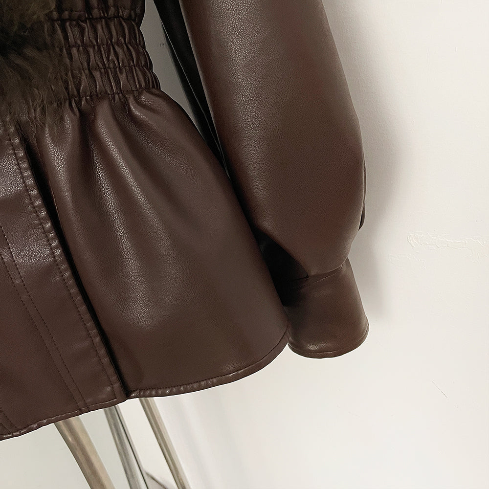 OFTBUY New Spring Autumn Faux Leather Jacket Female Real Mongolia Sheep Fur Pu Leather Coat Women Luxury Fashion Streetwear