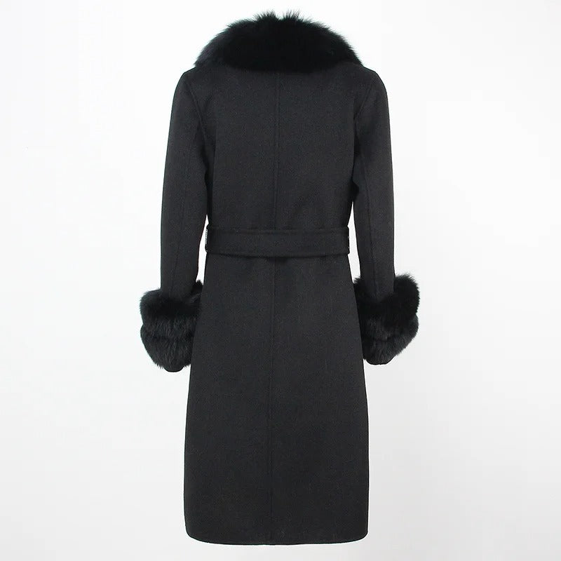 OFTBUY Winter Jacket Women Long Natural Wool Blends Cashmere Real Fur Coat Double Breasted Belt Warm Streetwear New Fashion