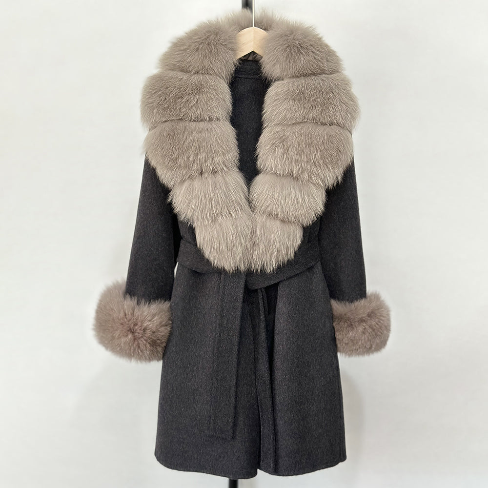 OFTBUY New Autumn Winter Top Clothes Women Belt Natural Fur Wool Coat Female Fashion Warm Woolen Jacket with Real Fox Fur Collar