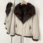 OFTBUY Reversible Real Rabbit Fur Lined Short Bomber Jacket - Oversized Wide Genuine Fox Fur Collar Windproof Outer Shell Winter Coat