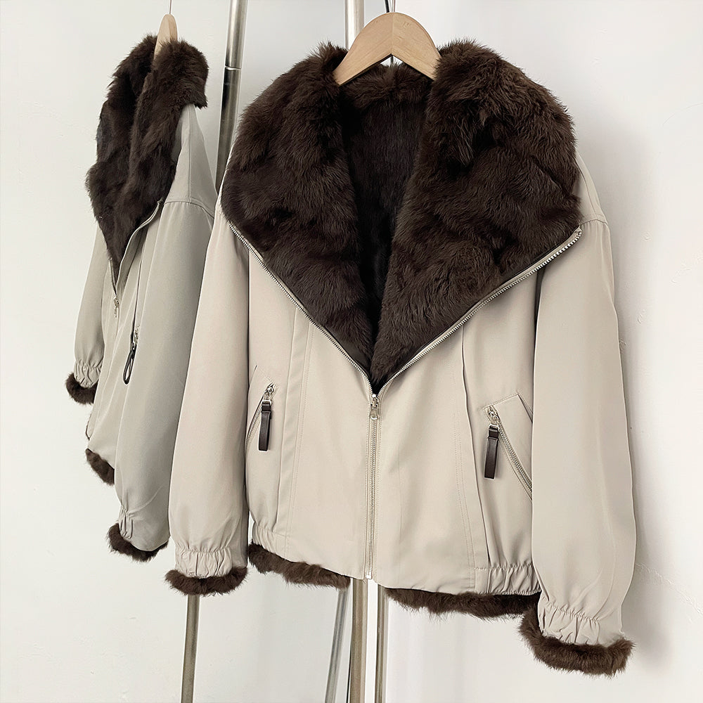 Reversible Full Real Rabbit Fur Short Bomber Jacket - Oversized Wide Rabbit Fur Lapel Windproof Outer Shell Winter Coat