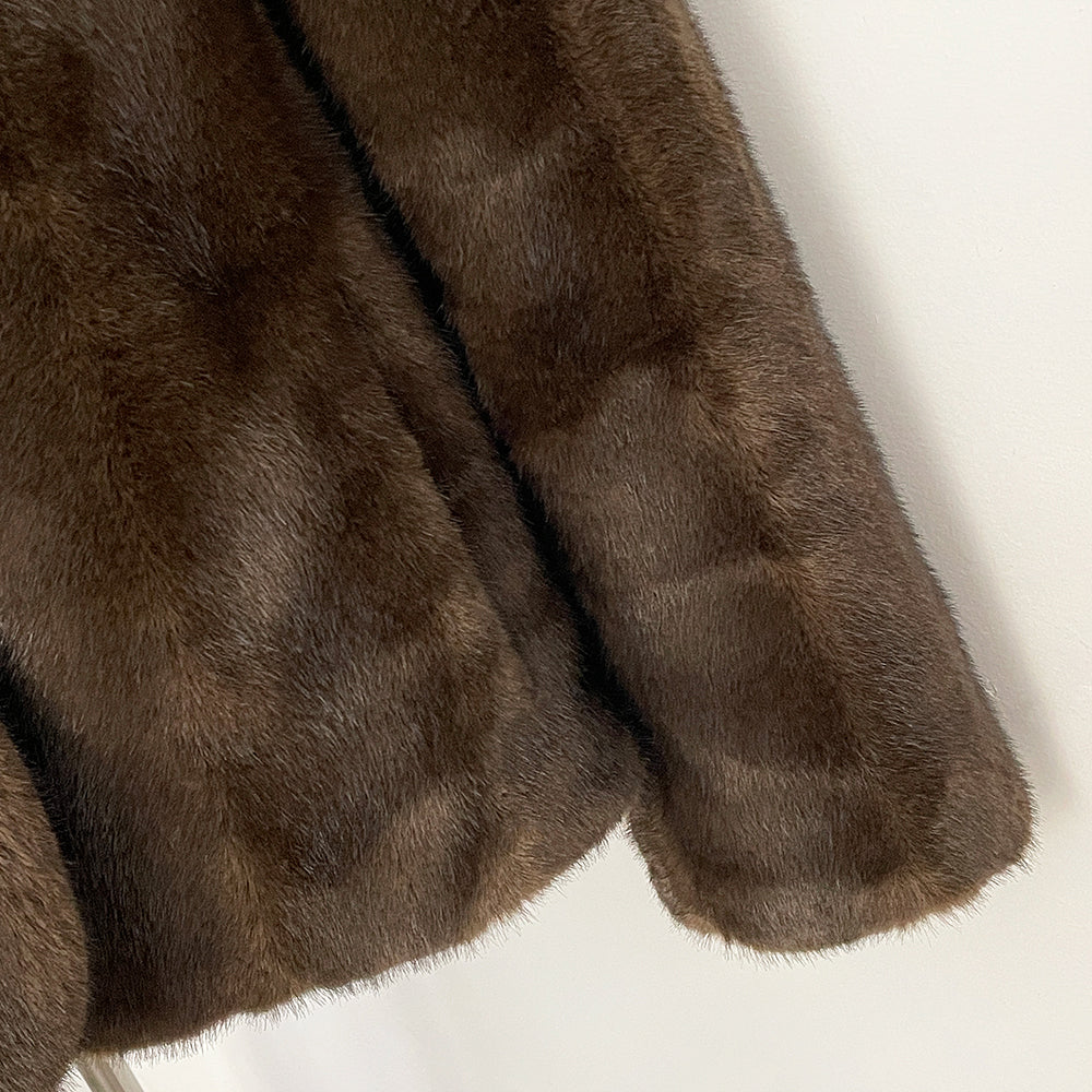 OFTBUY Luxury Stand Collar Faux Mink Fur Short Jacket - Minimal Open Front Vegan Fur Coat in Solid Black & Brown