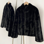 OFTBUY Luxury Stand Collar Faux Mink Fur Short Jacket - Minimal Open Front Vegan Fur Coat in Solid Black & Brown