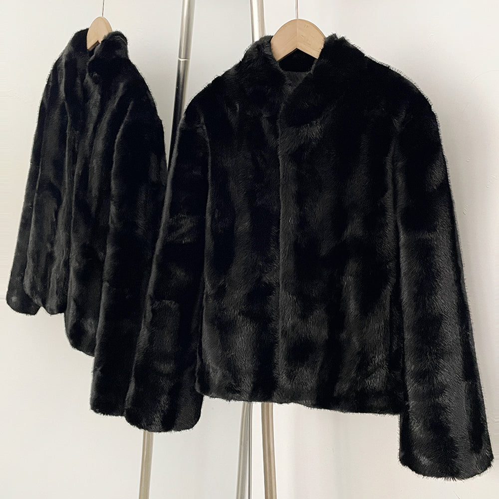 OFTBUY Luxury Stand Collar Faux Mink Fur Short Jacket - Minimal Open Front Vegan Fur Coat in Solid Black & Brown