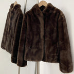 OFTBUY Luxury Stand Collar Faux Mink Fur Short Jacket - Minimal Open Front Vegan Fur Coat in Solid Black & Brown