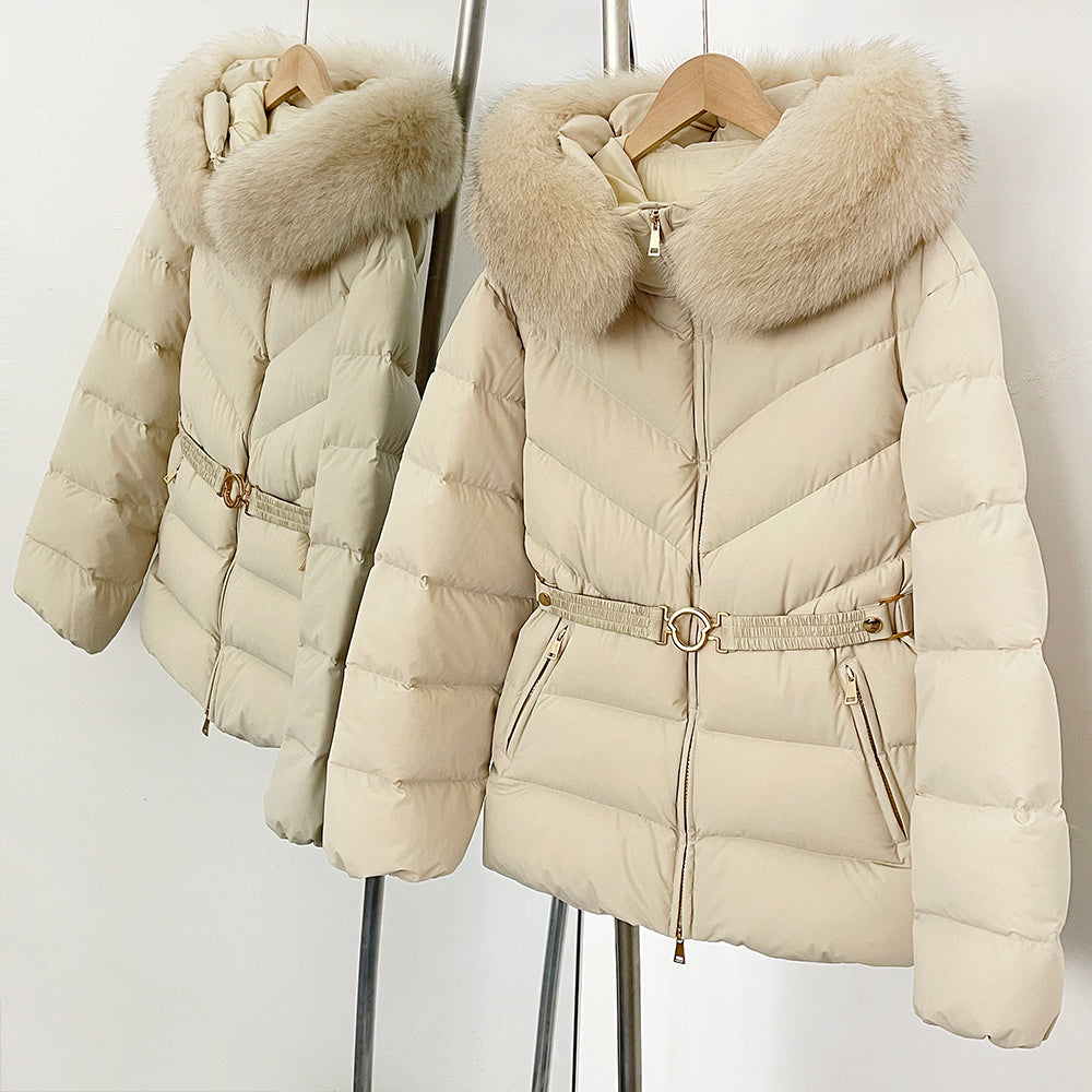 OFTBUY Belt Slim Hooded Real Fox Fur Collar Jacket Female New Winter Top Clothing Women Thickened Warm Raccoon Fur Fluffy Coat