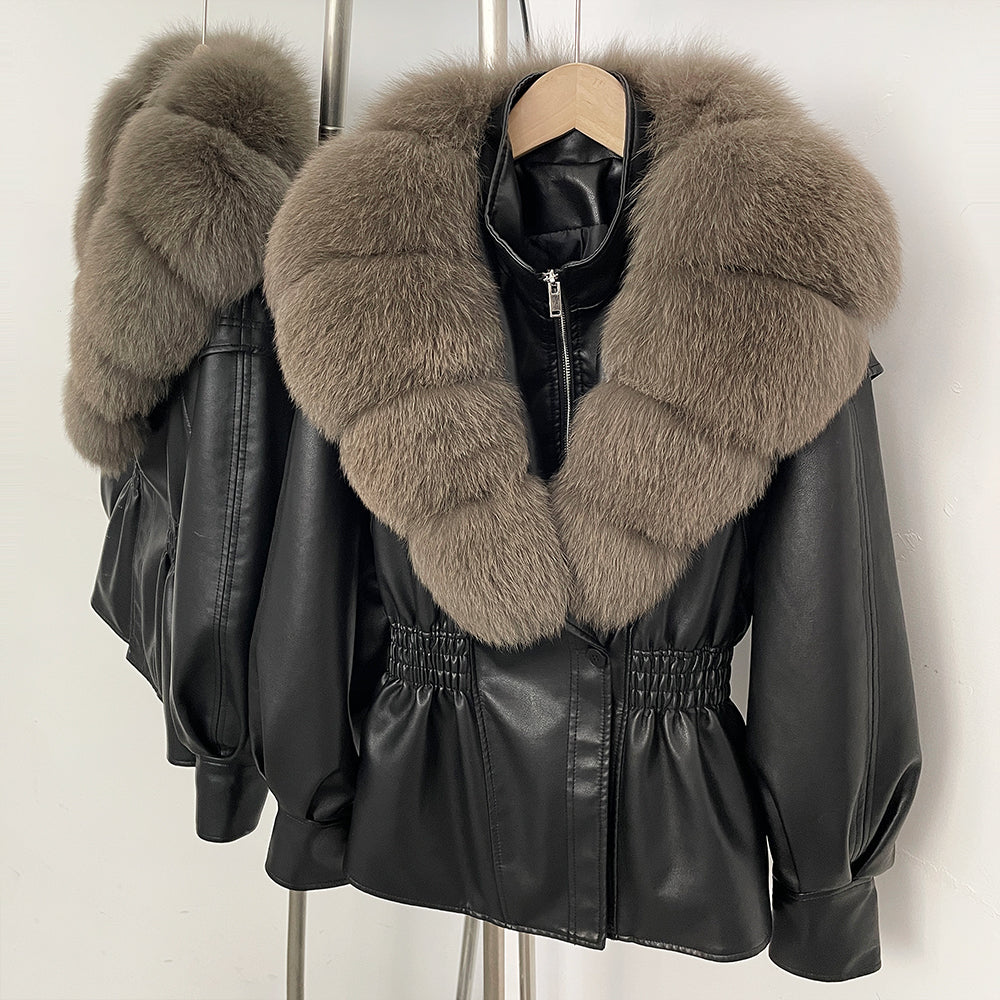OFTBUY Women's Luxury Real Fox/Raccoon Fur Faux Leather Jacket Elastic Waist New Winter Coat Elegant PU Leather Outerwear Female
