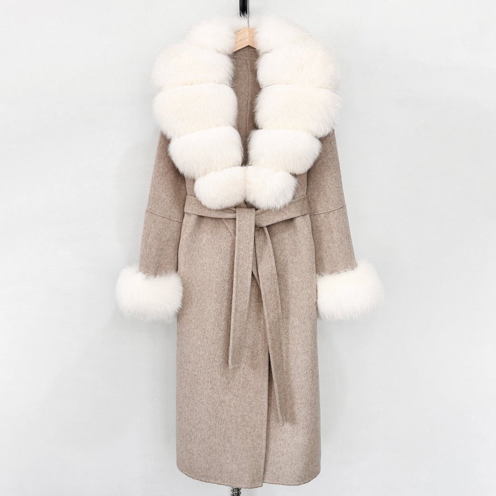 OFTBUY New Women's Double-Faced Wool Coat with Large Real Fox Fur Belted Warm Winter Luxury Fashion Outerwear Woolen Jacket Lady