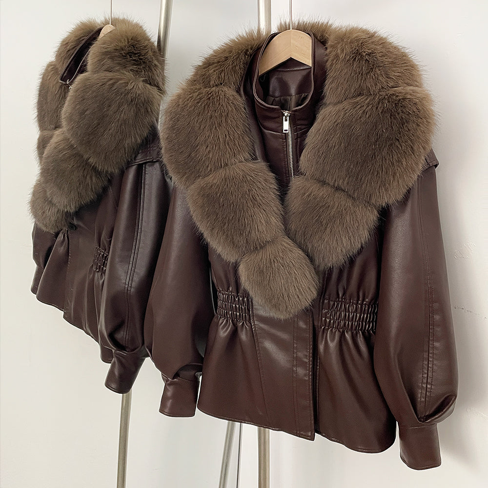OFTBUY New Women's Faux Leather Jacket with Oversized Faux Fox Fur Elastic Waist Puff Sleeves Coat Luxury Warm Winter Outerwear