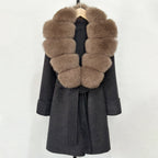 OFTBUY Natural Real Fox Fur Wool Blends Coat Women New Belt Pocket Winter Jacket Female Loose Woolen Outerwear Streetwear