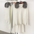 OFTBUY Knitted Pant Set Female Fashion Warm Real Fox Fur Sweater Lady New Autumn Winter Plus Size Woman Clothes Outfits Knitwear