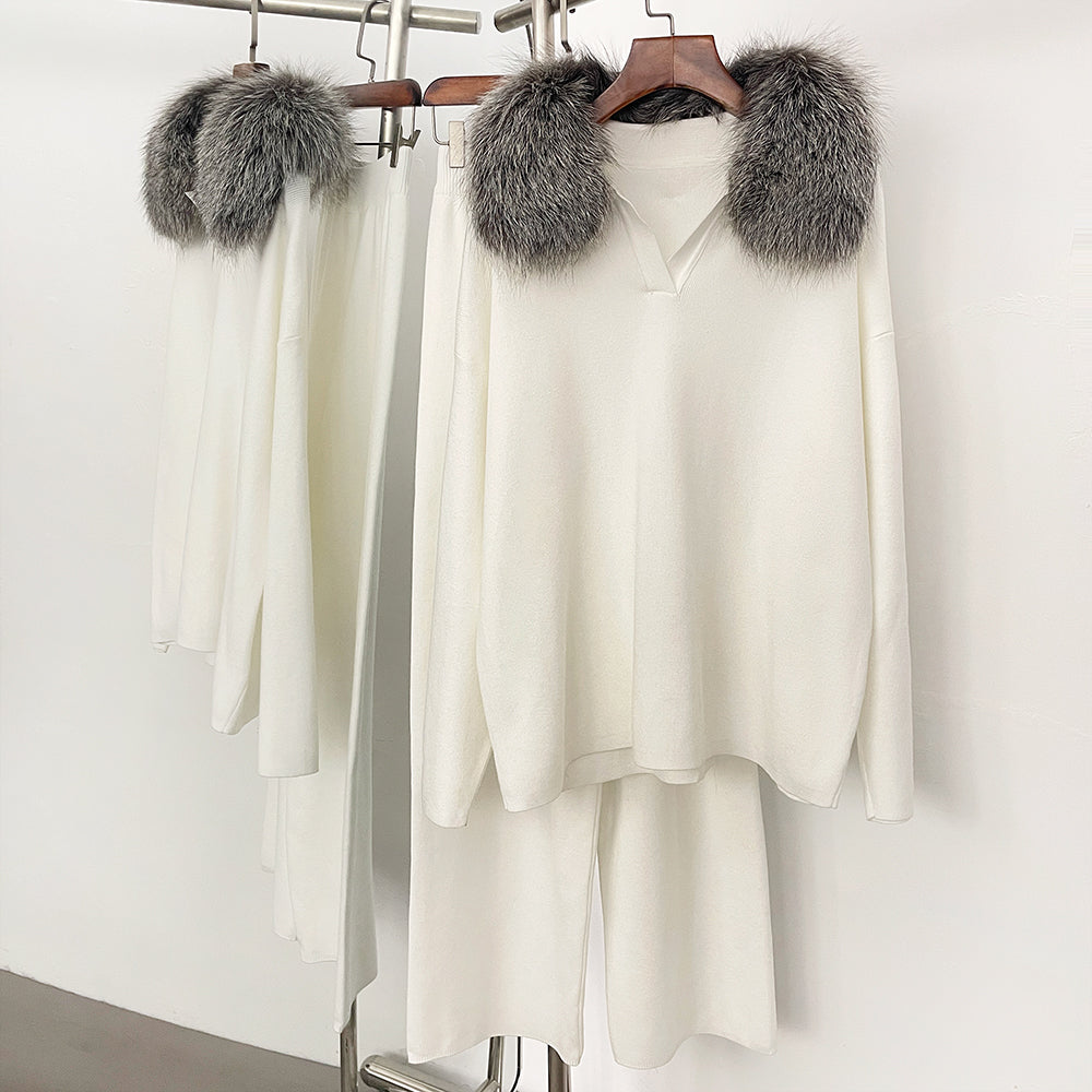OFTBUY Knitted Pant Set Female Fashion Warm Real Fox Fur Sweater Lady New Autumn Winter Plus Size Woman Clothes Outfits Knitwear