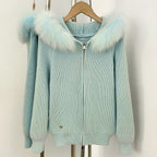 OFTBUY Natural Fur Knitted Sweater Jacket Hooded Real Fox Fur Cardigan Coat Women New Autumn Winter Zipper Warm Clothes Female