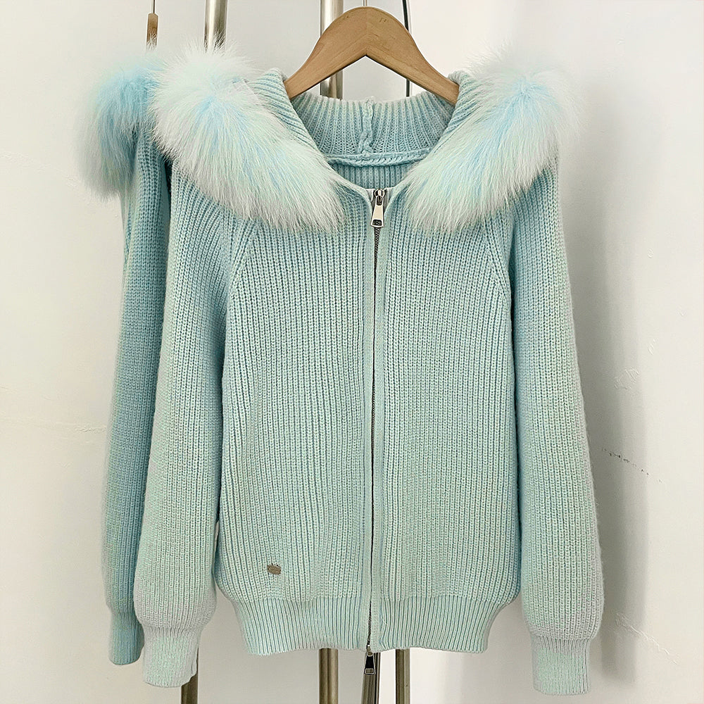 OFTBUY Natural Fur Knitted Sweater Jacket Hooded Real Fox Fur Cardigan Coat Women New Autumn Winter Zipper Warm Clothes Female