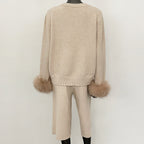 OFTBUY New Women's Knitted Two Piece Set with Real Fox Fur Cuffs V Neck Warm Winter Casual Elegant Outfit Sweater Female