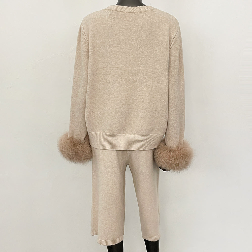 OFTBUY New Women's Knitted Two Piece Set with Real Fox Fur Cuffs V Neck Warm Winter Casual Elegant Outfit Sweater Female