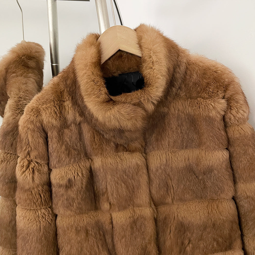 OFTBUY Women Horizontal Striped Real Rabbit Fur Coat Luxury Camel Fur Jacket with Stand Collar New Warm Winter Outerwear Female