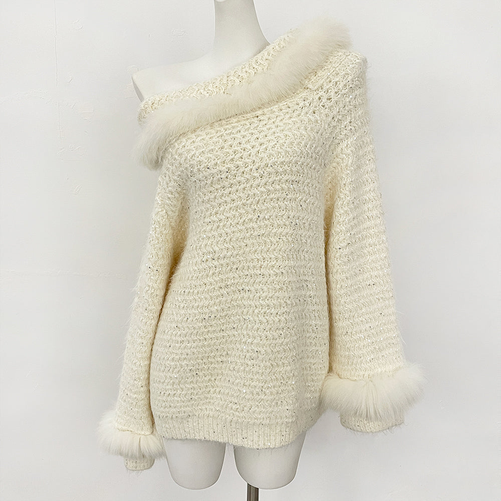 OFTBUY New Spring Autumn Light Top Clothes Female One-length Shoulder Pullovers Knitting Coat Women Real Fox Fur Knitted Sweater