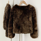 OFTBUY Women's Brown Patchwork Real Rex Rabbit Fur Short Coat V-Neck Open Front Fur Jacket Female New Autumn Winter Outerwear