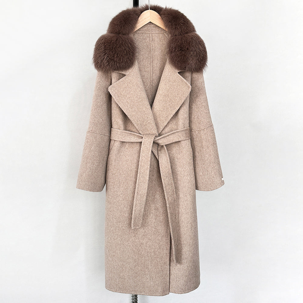OFTBUY Belted Long Warm Winter Elegant Fashion Outerwear New Women's Double-Faced Wool Coat with Real Fox Fur Collar