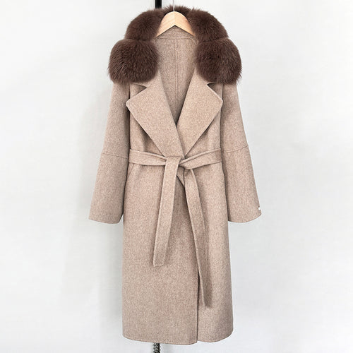 OFTBUY Belted Long Warm Winter Elegant Fashion Outerwear New Women's Double-Faced Wool Coat with Real Fox Fur Collar