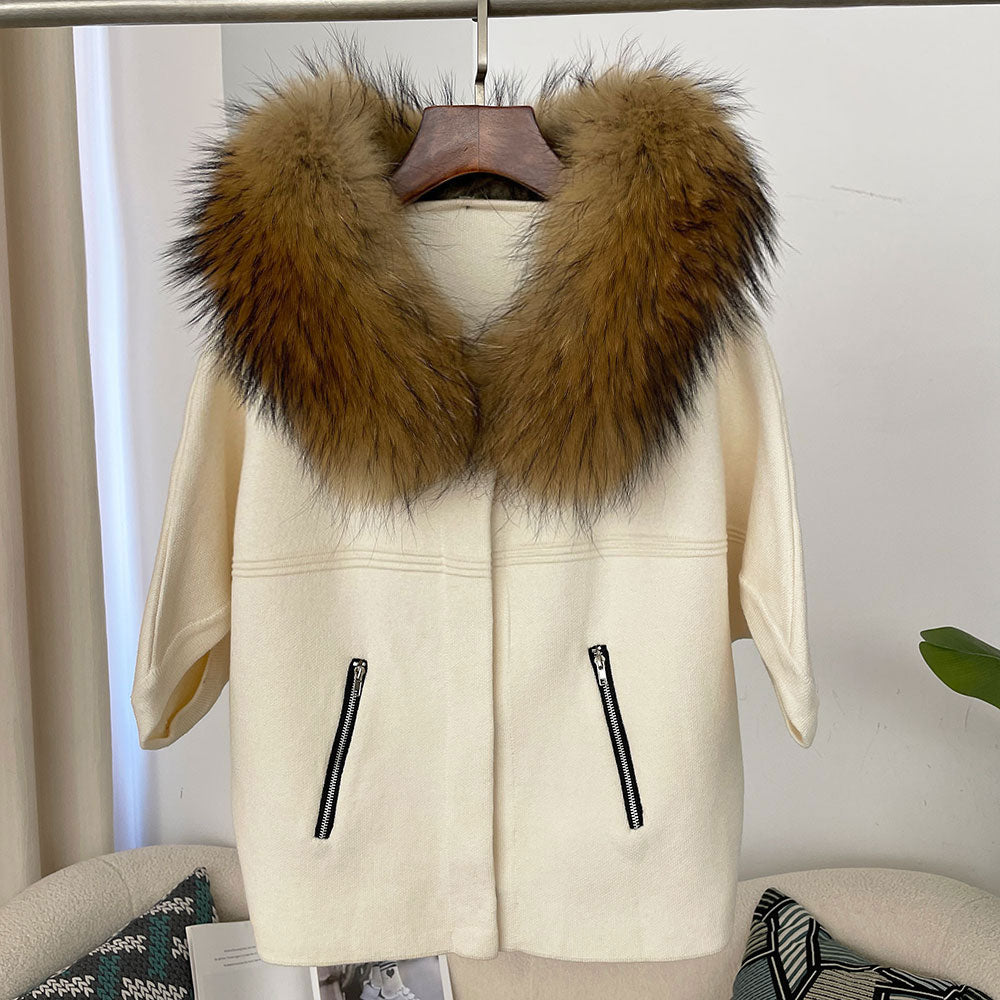 OFTBUY Autumn Winter Real Fox Raccoon Fur Collar Coat Knitted Sweater Women Short Sleeve Jacket Thick Warm Outerwear Streetwear