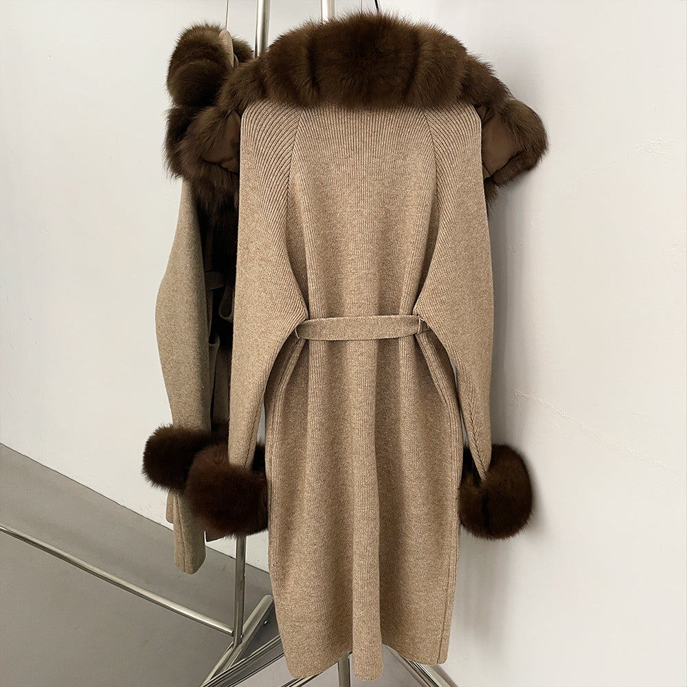 OFTBUY Fashion Warm Belt Real Fox Fur Cardigan New Natural Fur Collar Long Knit Jacket Women Atrumn Winter Top Clothing Female