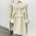 OFTBUY New Women's Wool Coat with Real Fox Fur Collar Cuffs Belted Waist Gold Button Elegant Winter Luxury Outerwear Female