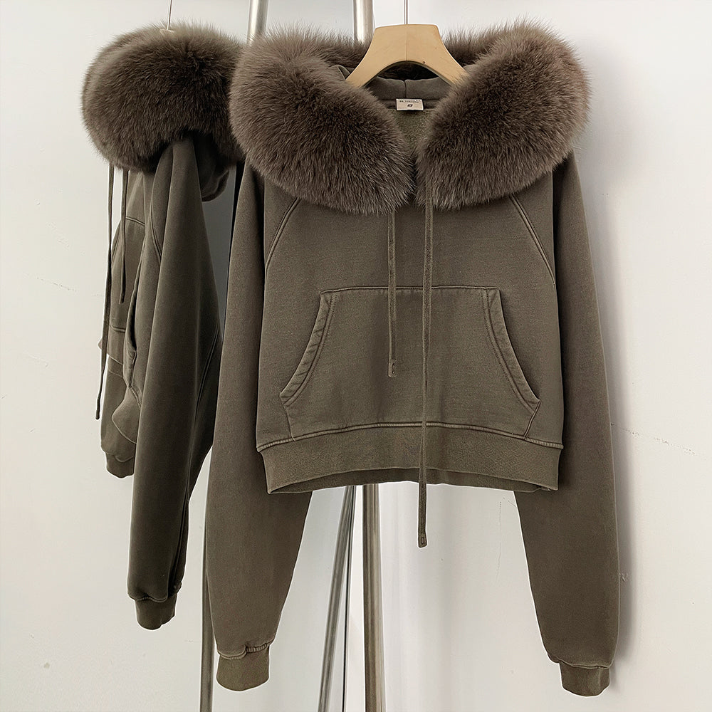 OFTBUY Casual Y2K Hoodie Real Fox Fur Collar Thickened Streetwear Hiphop Hoodie Sweatshirt Vintage Rock Goth Loose Punk Jacket