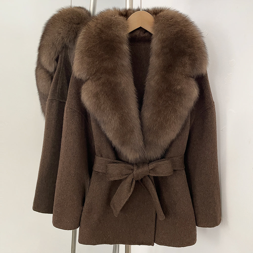OFTBUY Belted Warm Winter Elegant Fashion Outerwear Lady New Women's Double-Faced Wool Coat with Large Real Fox Fur Collar Cuffs