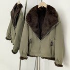 OFTBUY Reversible Real Rabbit Fur Lined Short Bomber Jacket - Oversized Wide Genuine Fox Fur Collar Windproof Outer Shell Winter Coat