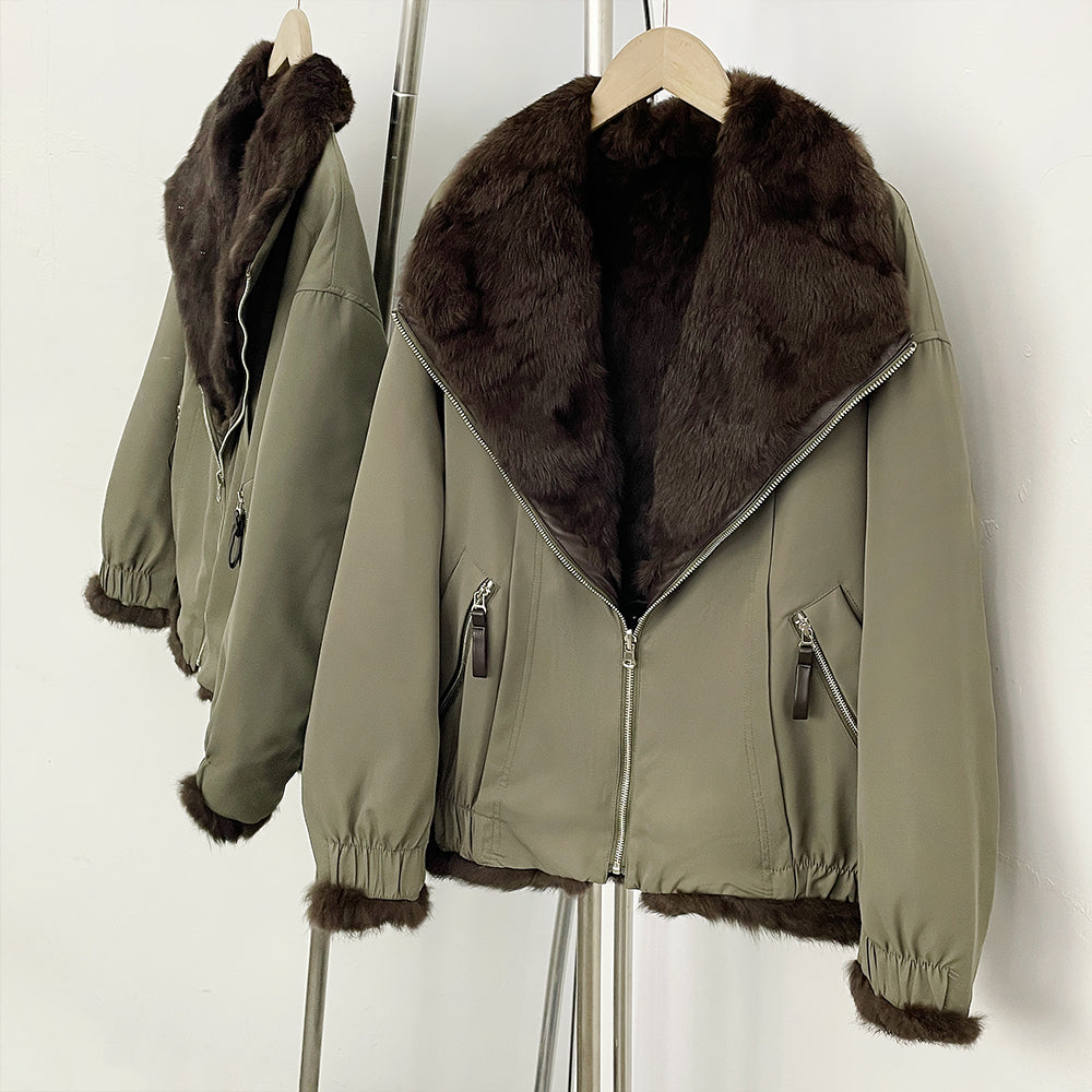 Reversible Full Real Rabbit Fur Short Bomber Jacket - Oversized Wide Rabbit Fur Lapel Windproof Outer Shell Winter Coat