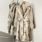 OFTBUY Luxury Long-Length Belted Faux Fur Coat - Premium Vegan Silver Fox Style Overcoat with Oversized Lapel
