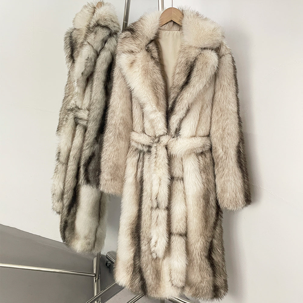 OFTBUY Luxury Long-Length Belted Faux Fur Coat - Premium Vegan Silver Fox Style Overcoat with Oversized Lapel