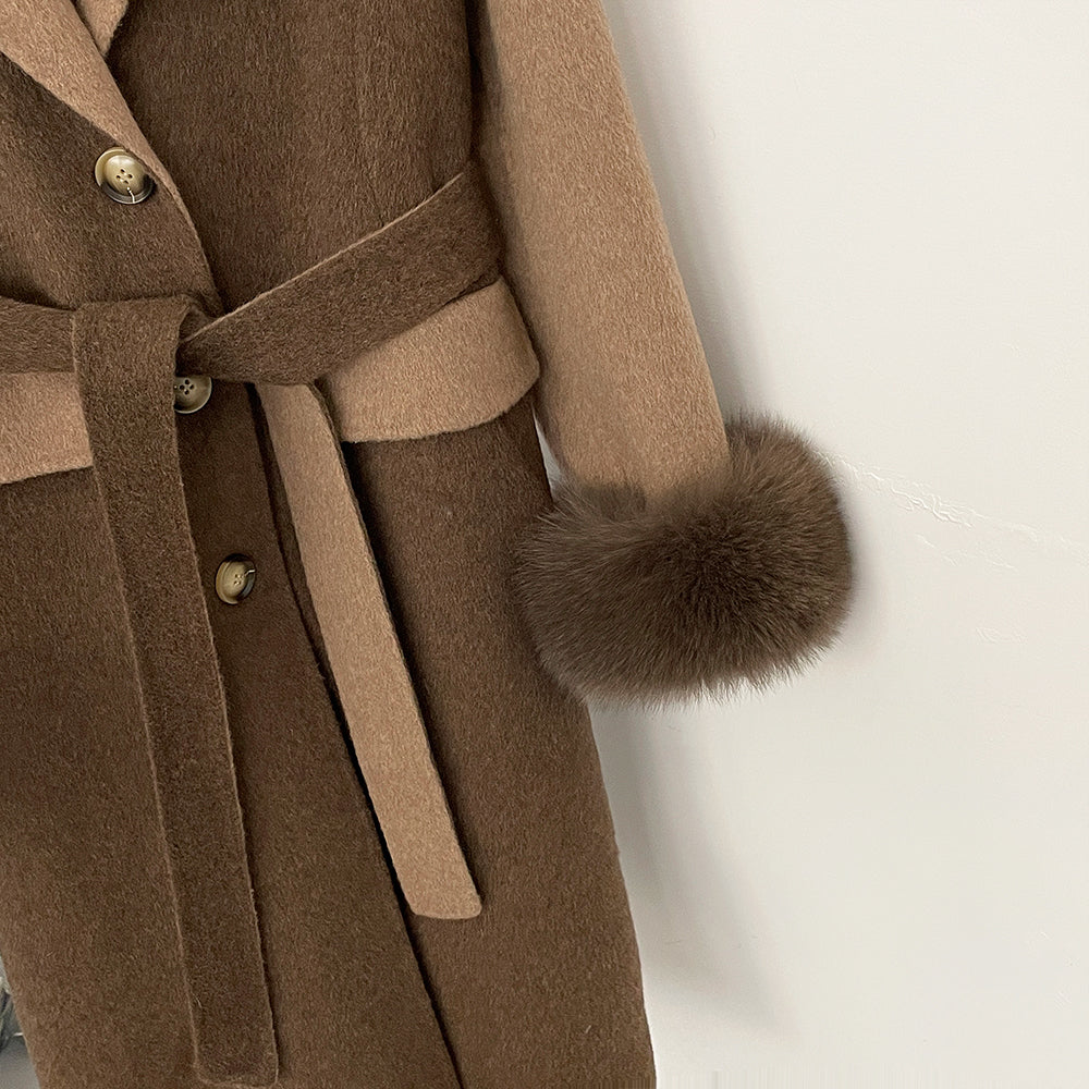 OFTBUT New Winter Clothing Women Natural Fox Fur Cashmere double-faced Woolen Jacket Long Single-breasted Belt Wool Coat Female