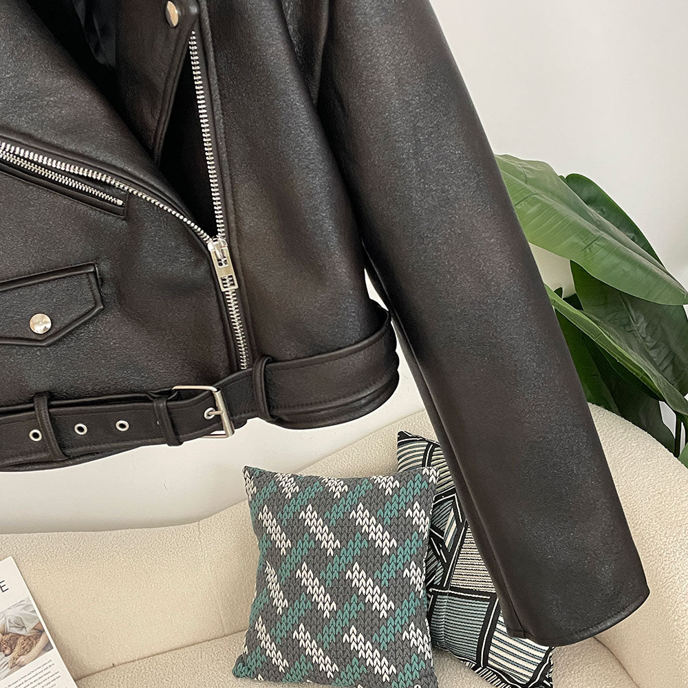 OFTBUY Women's Vintage Black Faux Leather Cropped Moto Jacket Asymmetric Zip PU Biker Coat Female New Autumn Punk Rock Outerwear