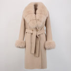 OFTBUY Winter Jacket Women Long Natural Wool Blends Cashmere Real Fur Coat Double Breasted Belt Warm Streetwear New Fashion