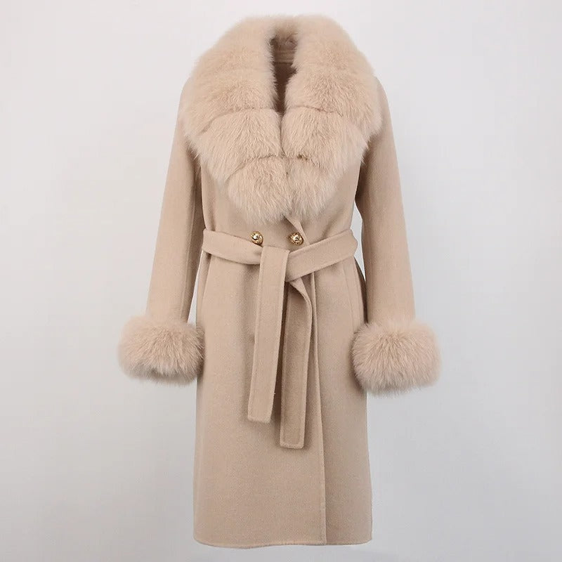 OFTBUY Winter Jacket Women Long Natural Wool Blends Cashmere Real Fur Coat Double Breasted Belt Warm Streetwear New Fashion
