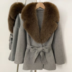OFTBUY Belted Warm Winter Elegant Fashion Outerwear Lady New Women's Double-Faced Wool Coat with Large Real Fox Fur Collar Cuffs