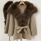 OFTBUY Belt Real Fox Fur Wool Coat Female New Autumn Winter Warm Clothes Women Natural Fox Fur Collar Cashmere Woolen Jacket
