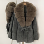 OFTBUY New Women's Knit Coat with Large Real Fox Fur Collar Belted Waist Striped Texture Pockets Winter Luxury Elegant Outerwear