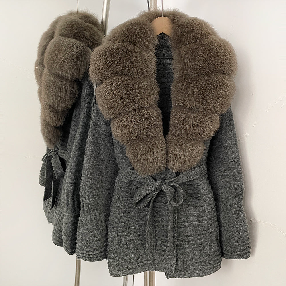 OFTBUY New Women's Knit Coat with Large Real Fox Fur Collar Belted Waist Striped Texture Pockets Winter Luxury Elegant Outerwear