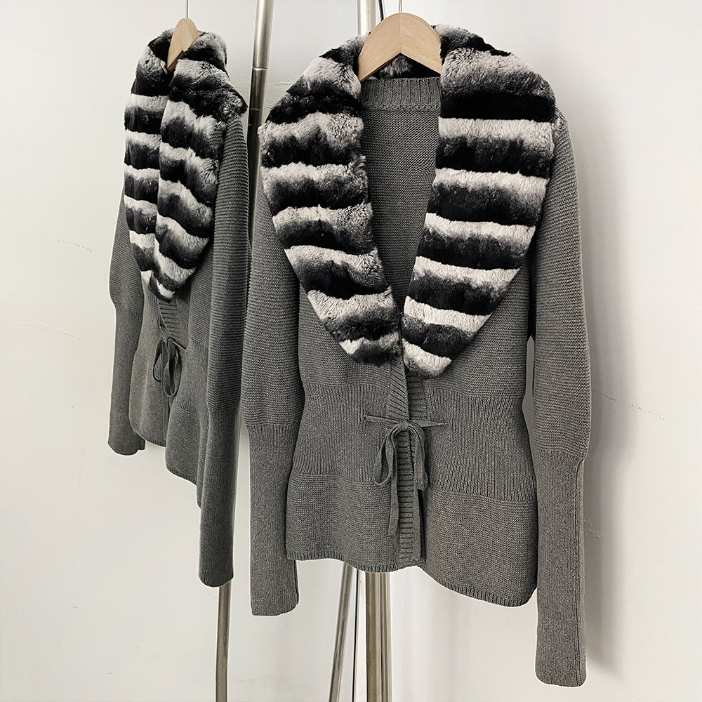 OFTBUY Drawstring Waist Slim Fit Jacket Warm Winter Outerwear New Women's 100% Cotton Knit Cardigan with Striped Rex Rabbit Fur
