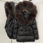 OFTBUY New Women's Duck Down Jacket with Large Real Fox Fur Hood Belted Waist Warm Winter Puffer Coat Lady Luxury Outerwear