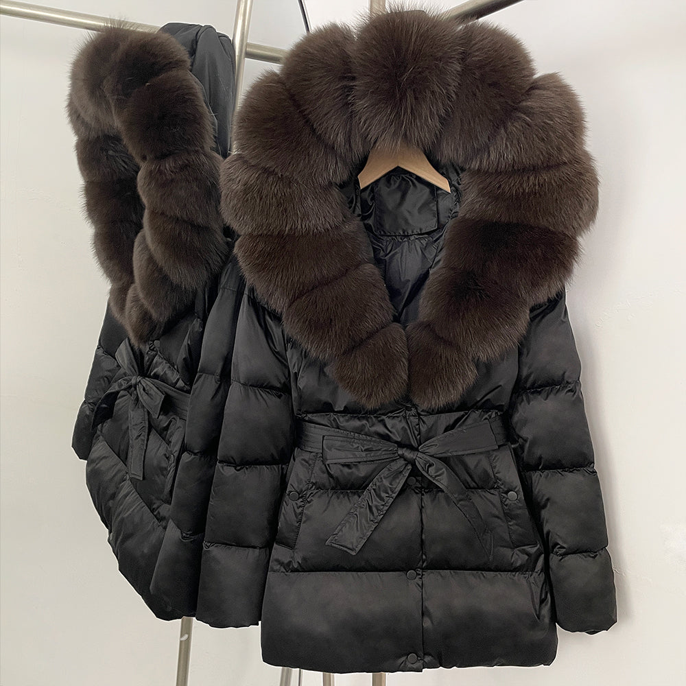 OFTBUY New Women's Duck Down Jacket with Large Real Fox Fur Hood Belted Waist Warm Winter Puffer Coat Lady Luxury Outerwear
