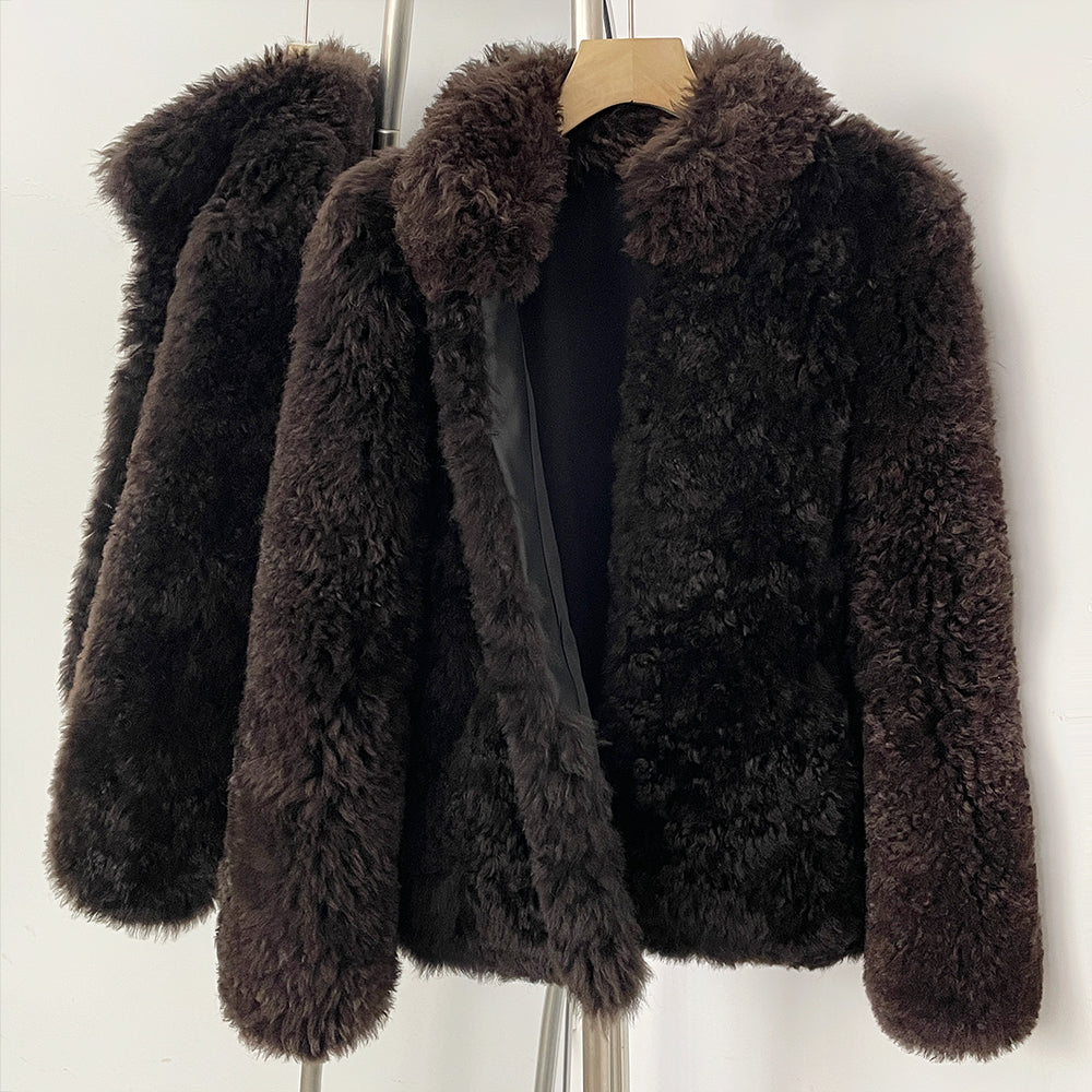 OFTBUY Luxury Curly Lamb Wool Shearling Jacket - 100% Real Wool Short Coat with Cozy Funnel Neck
