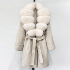 OFTBUY Natural Real Fox Fur Wool Blends Coat Women New Belt Pocket Winter Jacket Female Loose Woolen Outerwear Streetwear